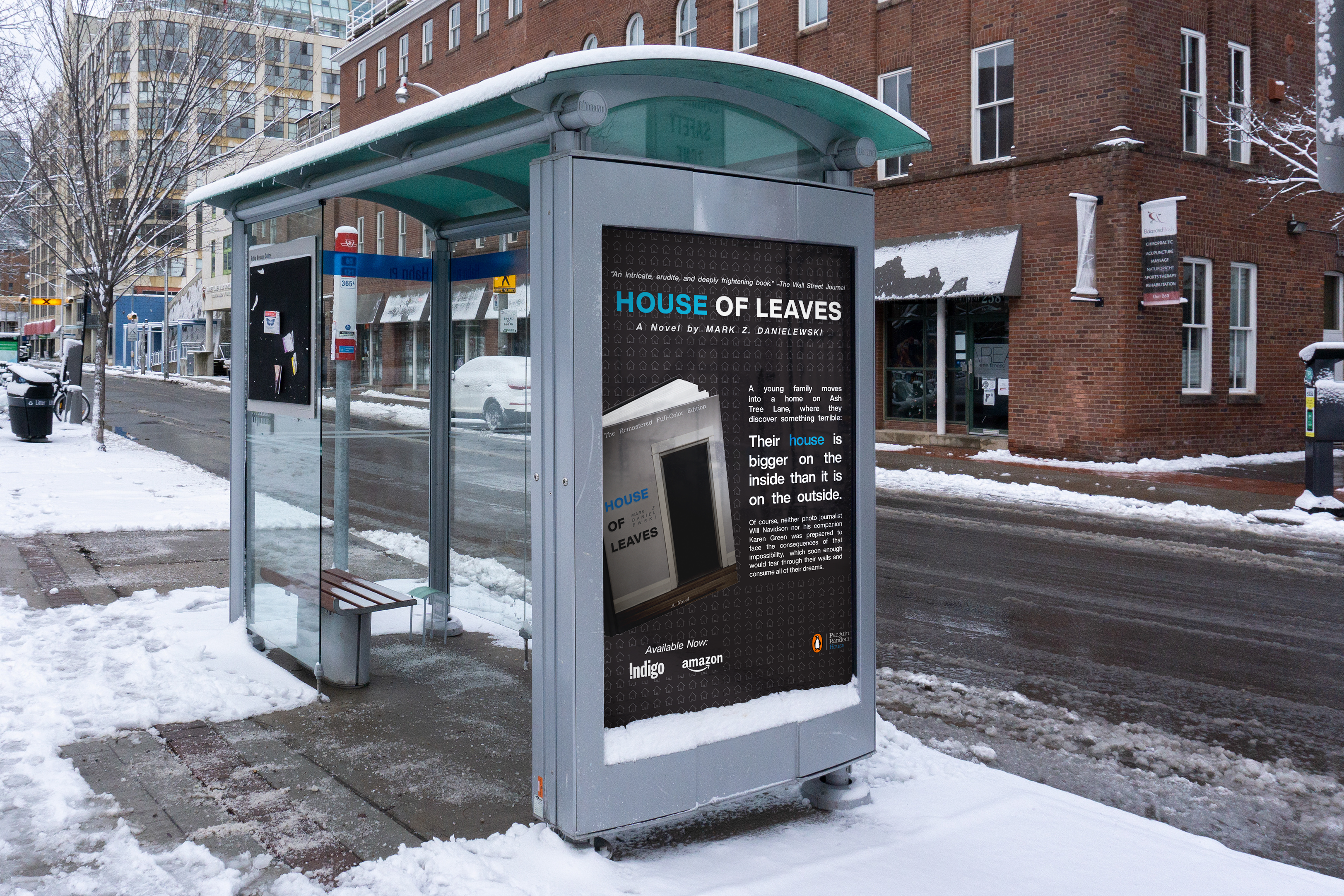 The House of Leaves ad on a mockup of a TTC bus stop during winter.