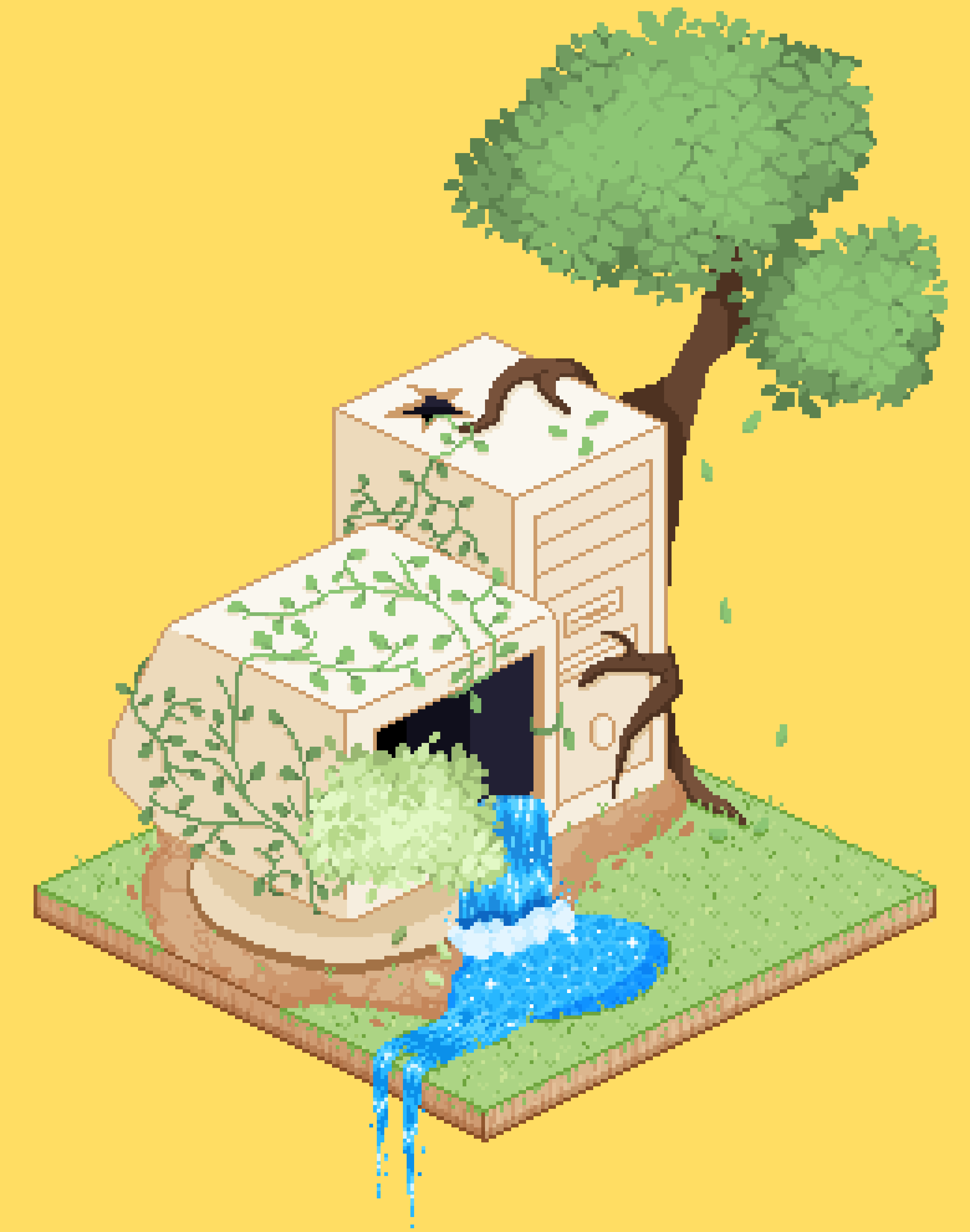 A pixel art illustration in isometric perspective. There is a large desktop computer in the center with a tree breaking through and water flowing from it.