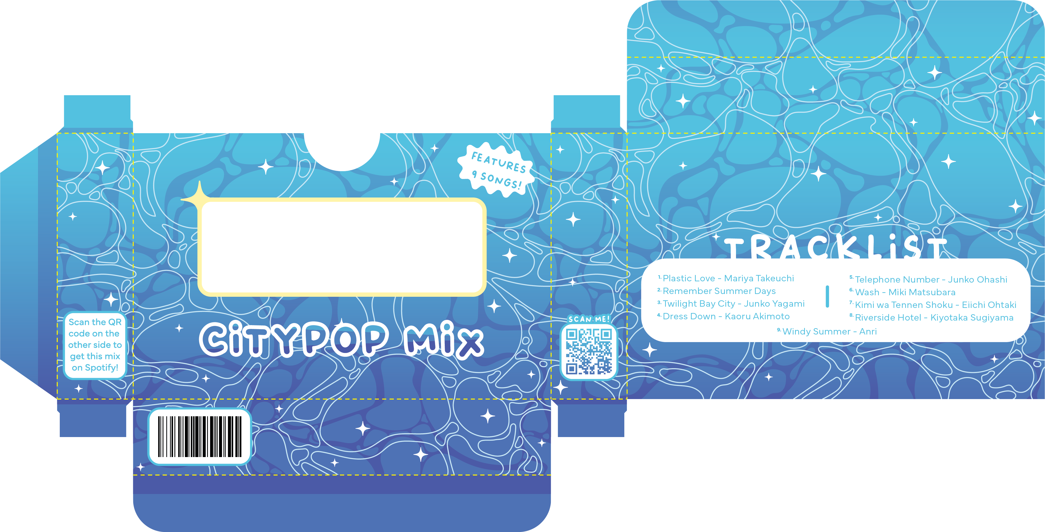 A laid out package. It's blue and has a watery texture illustration.