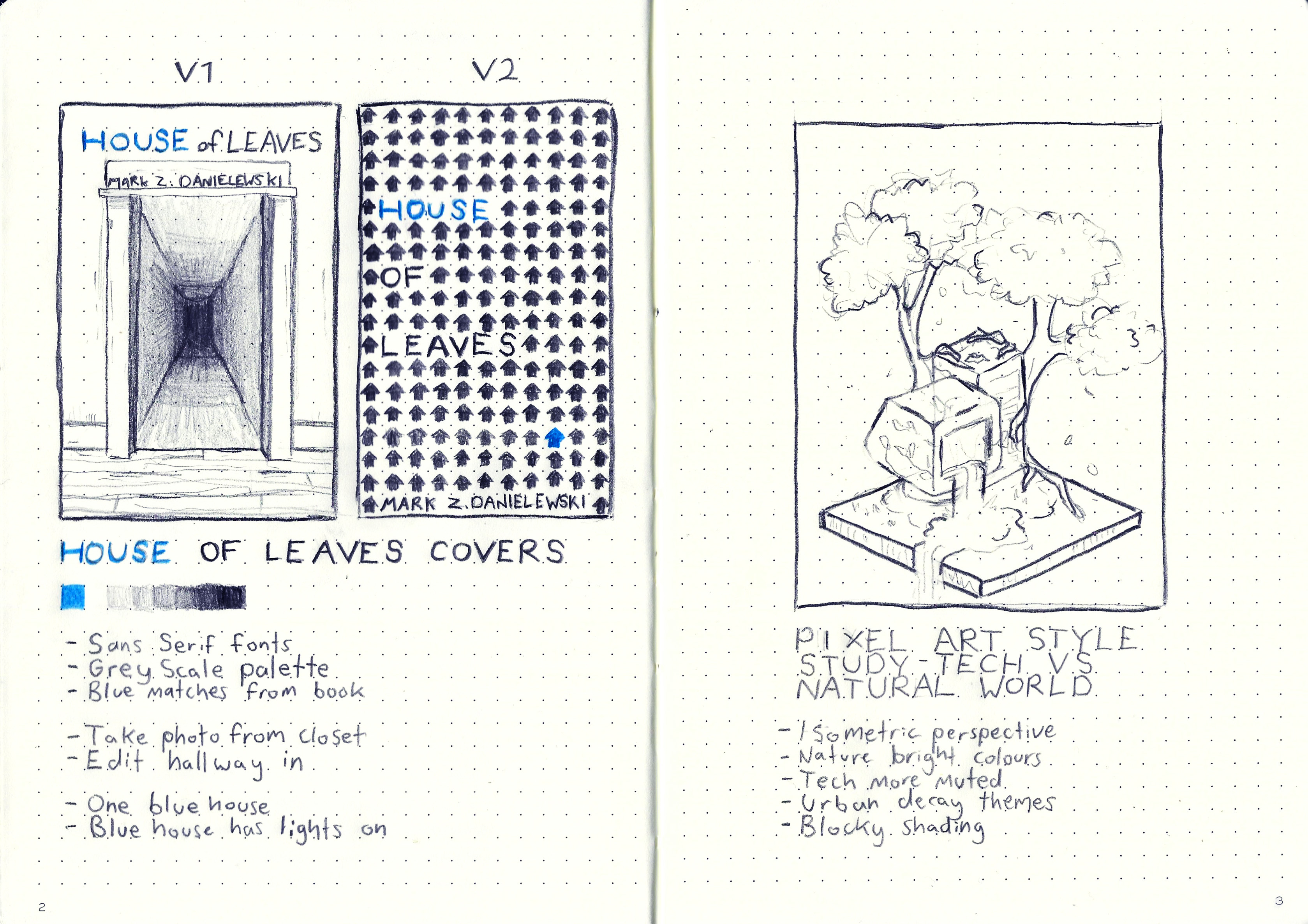 A sketchbook spread. The left page has House of Leaves covers, and the right page has the sketch for the pixel computer illustration.