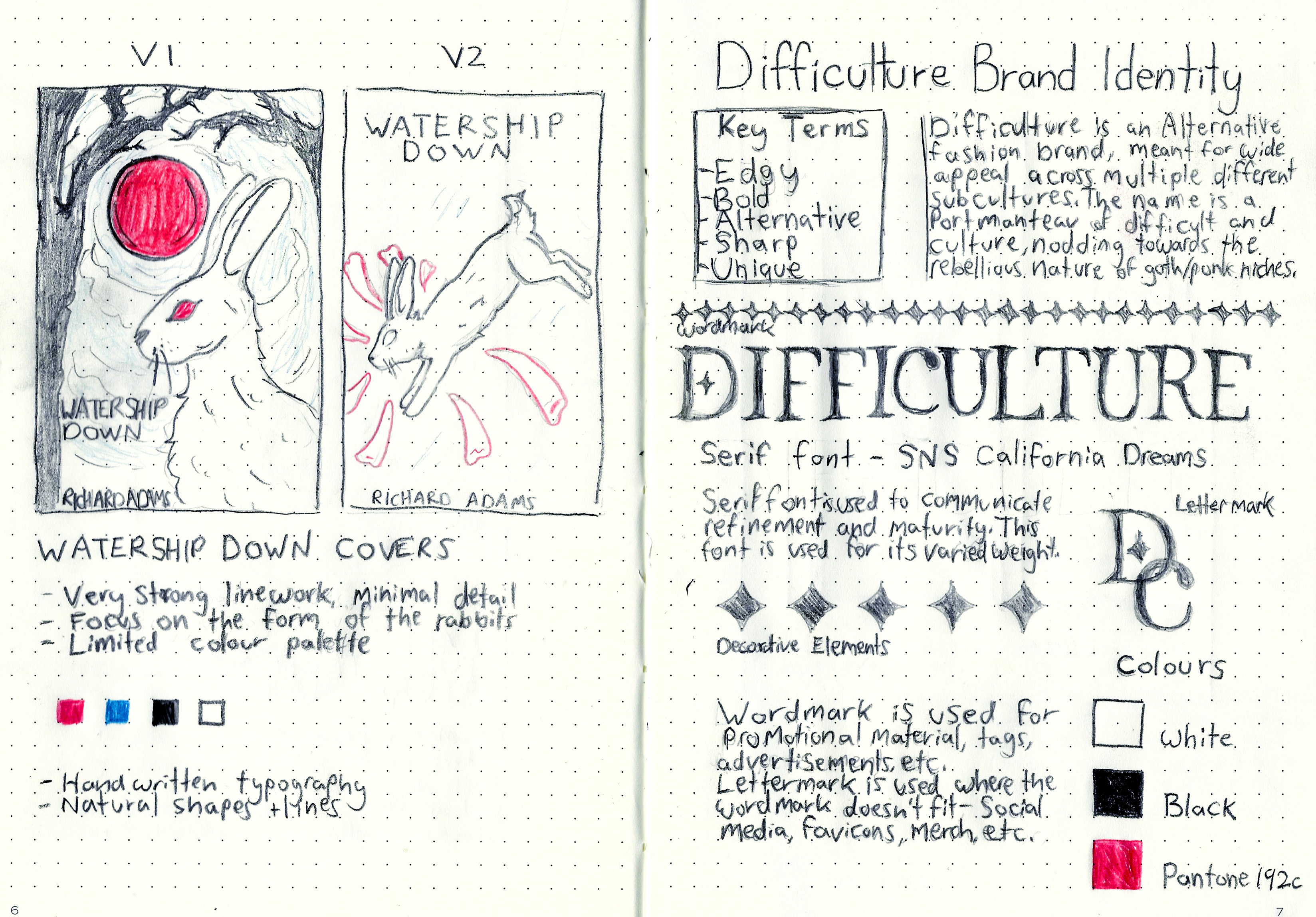 A sketchbook spread. The left page has Watership Down covers, and the right page has the sketches and rationale for the DiffiCulture brand.