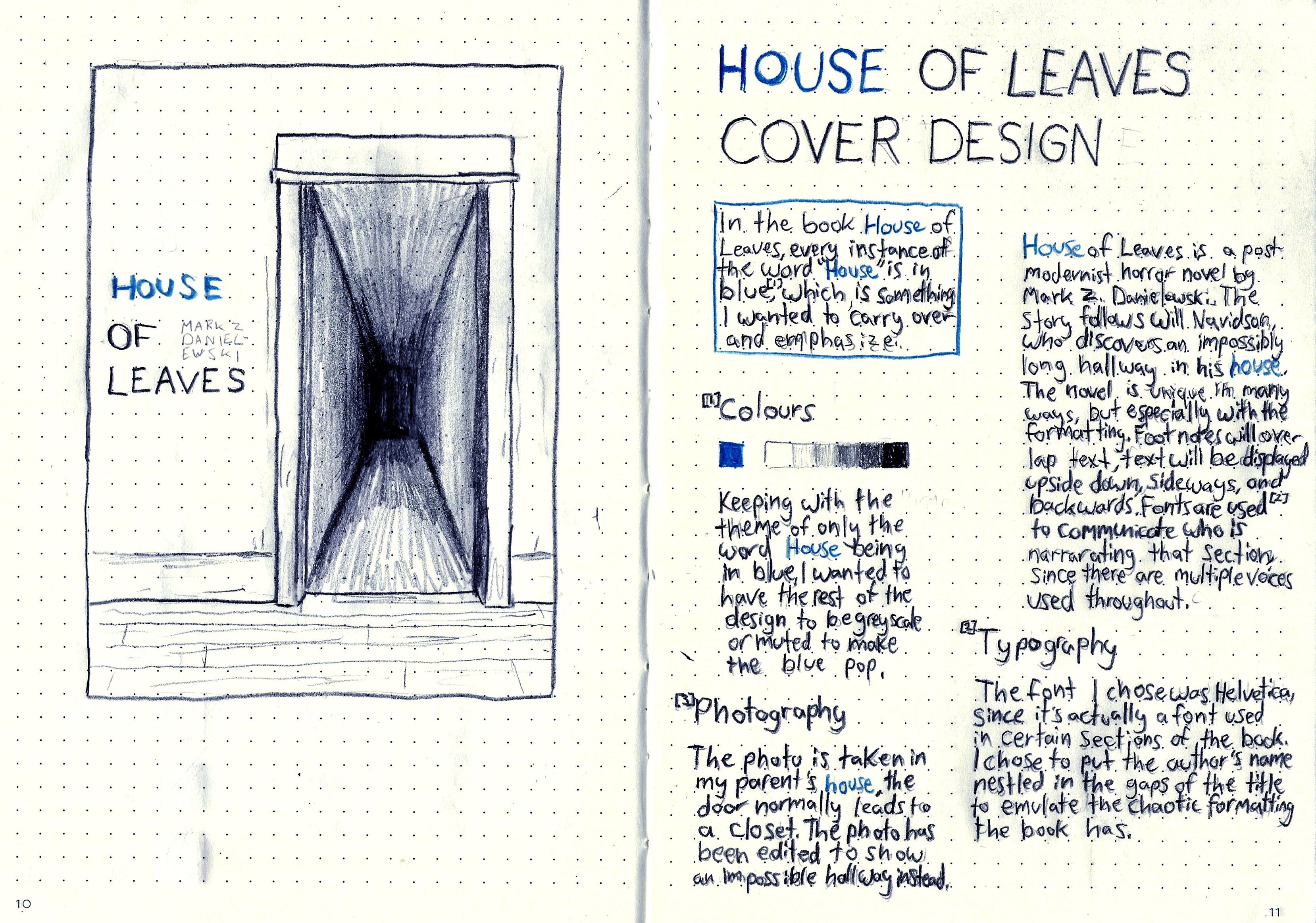 A sketchbook spread. The left page has a refined cover sketch for House of Leaves, and the right page has design notes and the rationale.