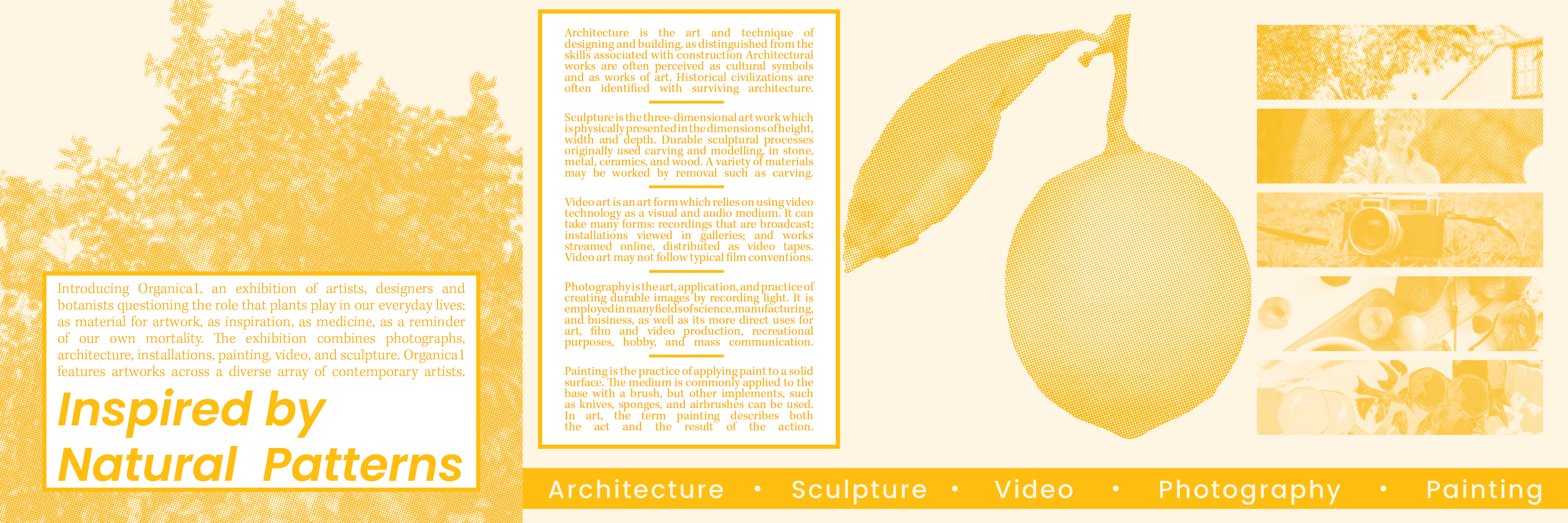 A tri-fold brochure, laid out. It's themed around nature, and is mostly yellow, with all images having a halftone texture.