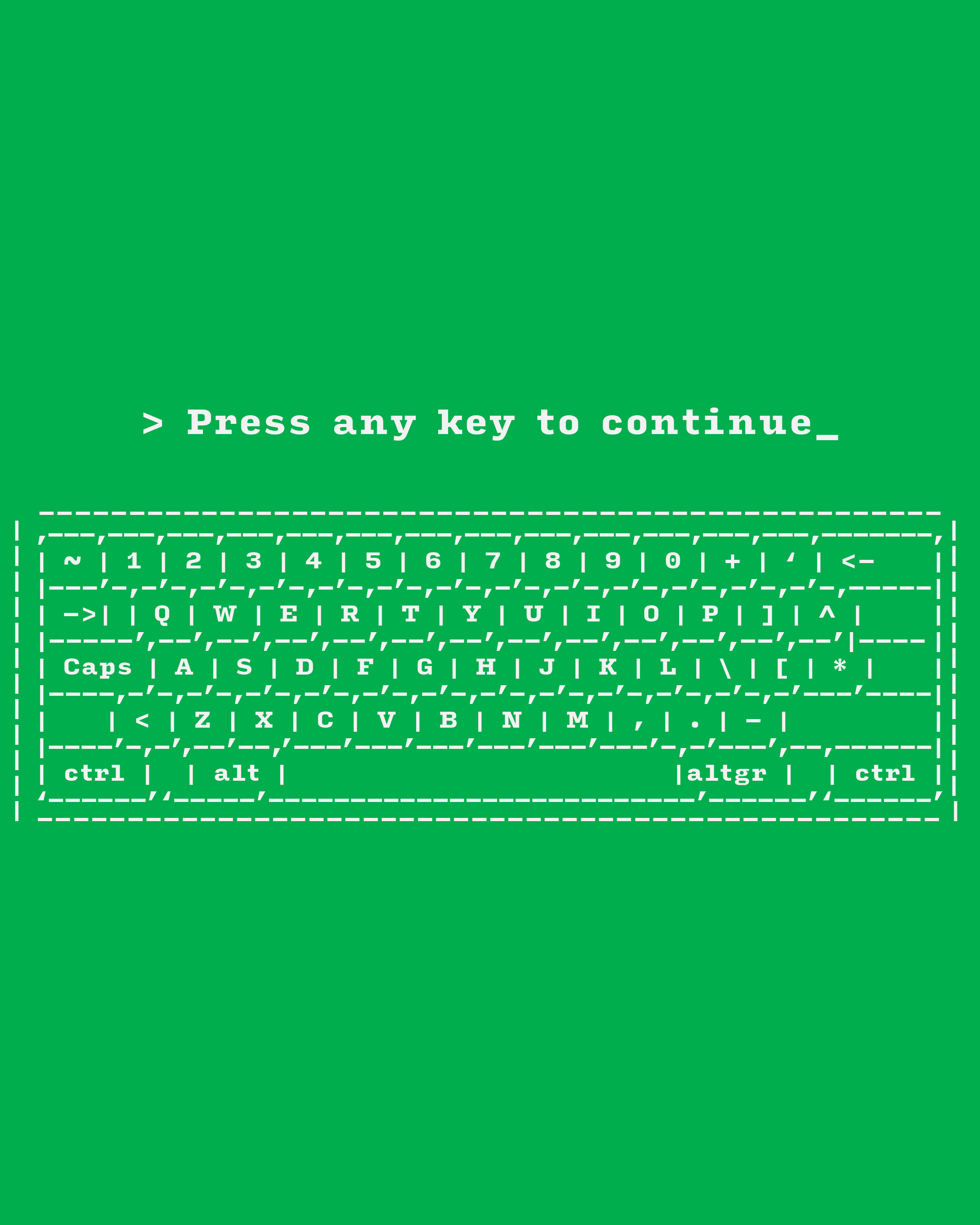 A page with a green background and white text. The text reads 'Press any key to continue' and there's a keyboard illustration made from text.