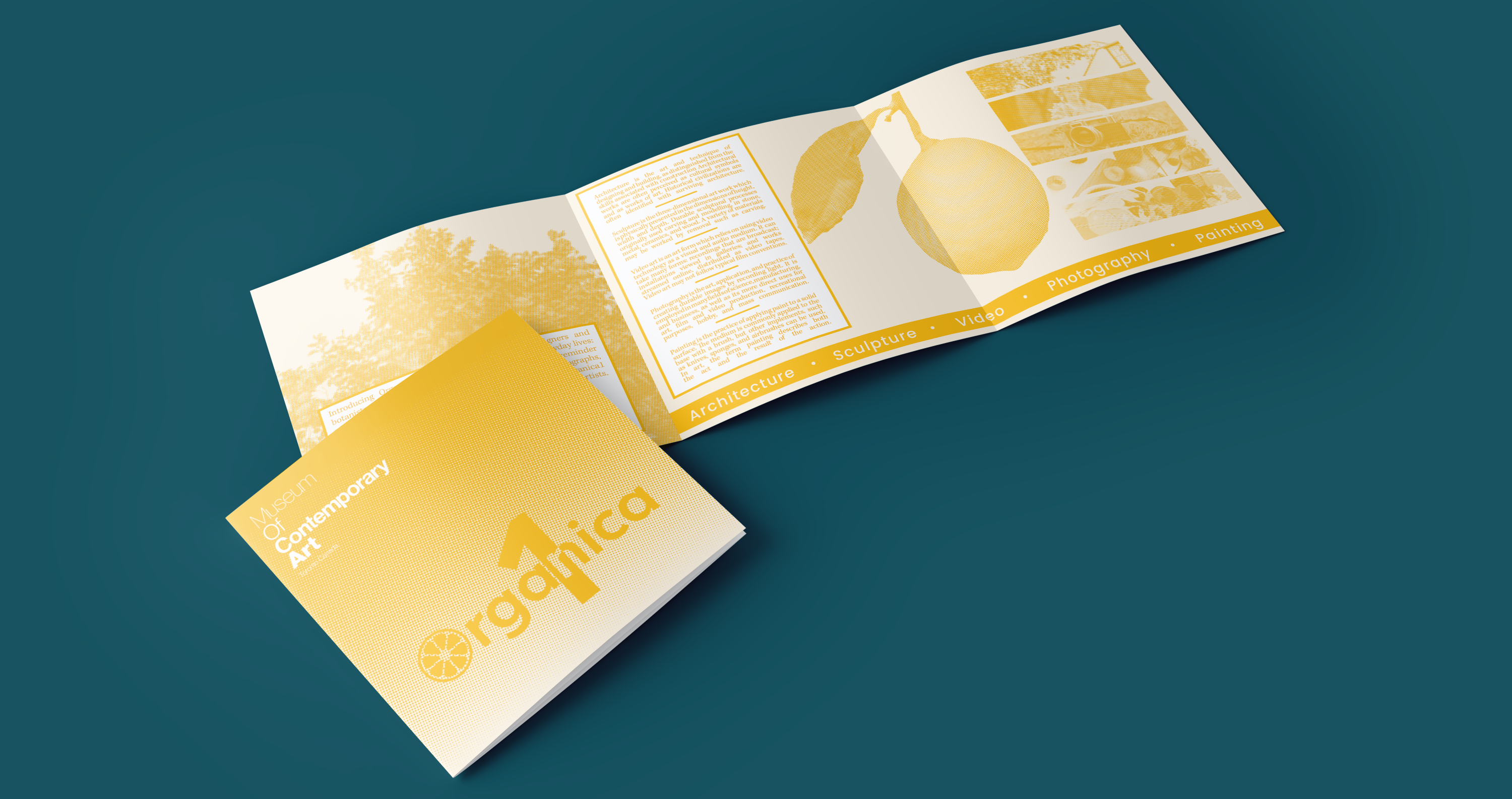 A tri-fold brochure, laid out. It's themed around nature, and is mostly yellow, with all images having a halftone texture.