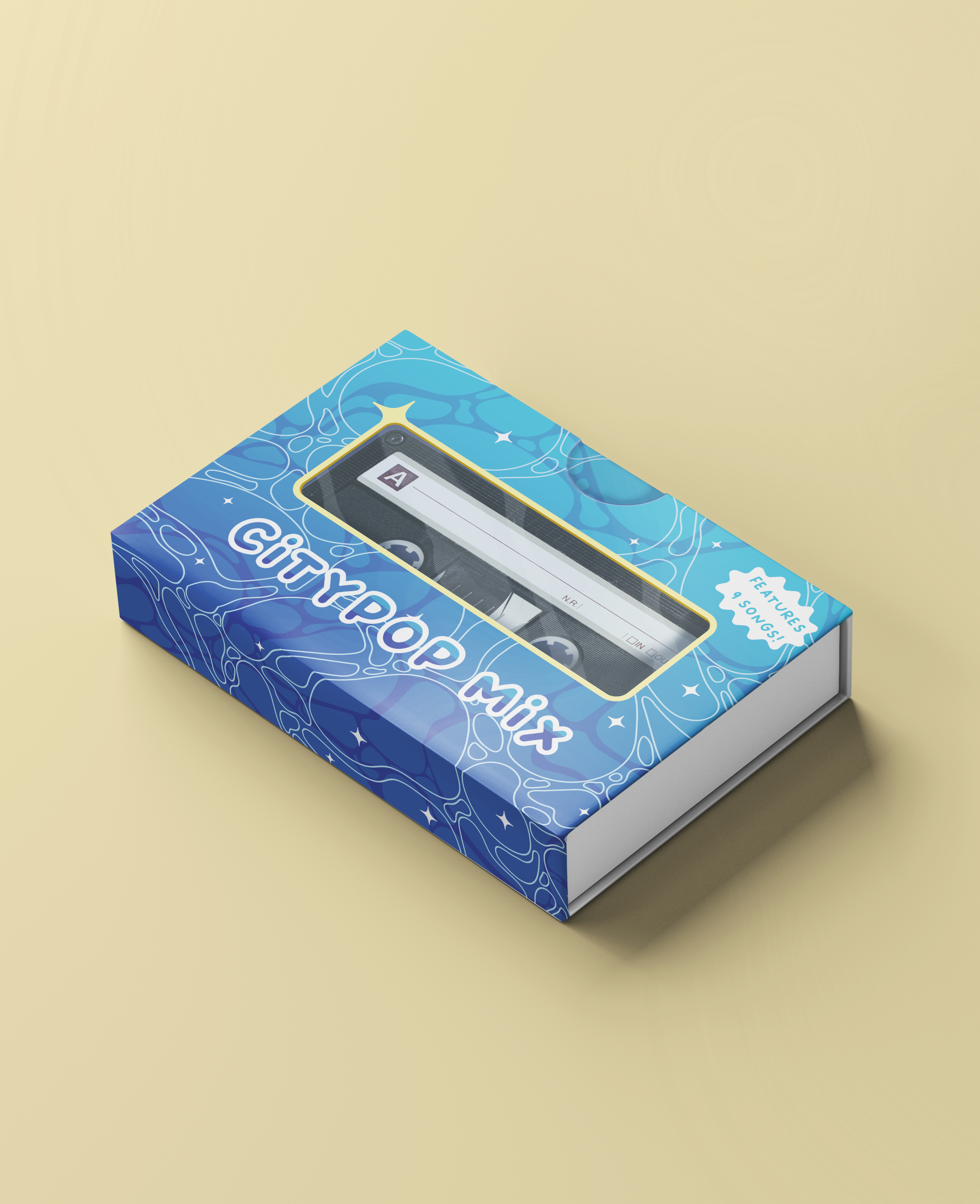 A small blue box with a cassette tape inside. The text on the front reads Citypop Mix.