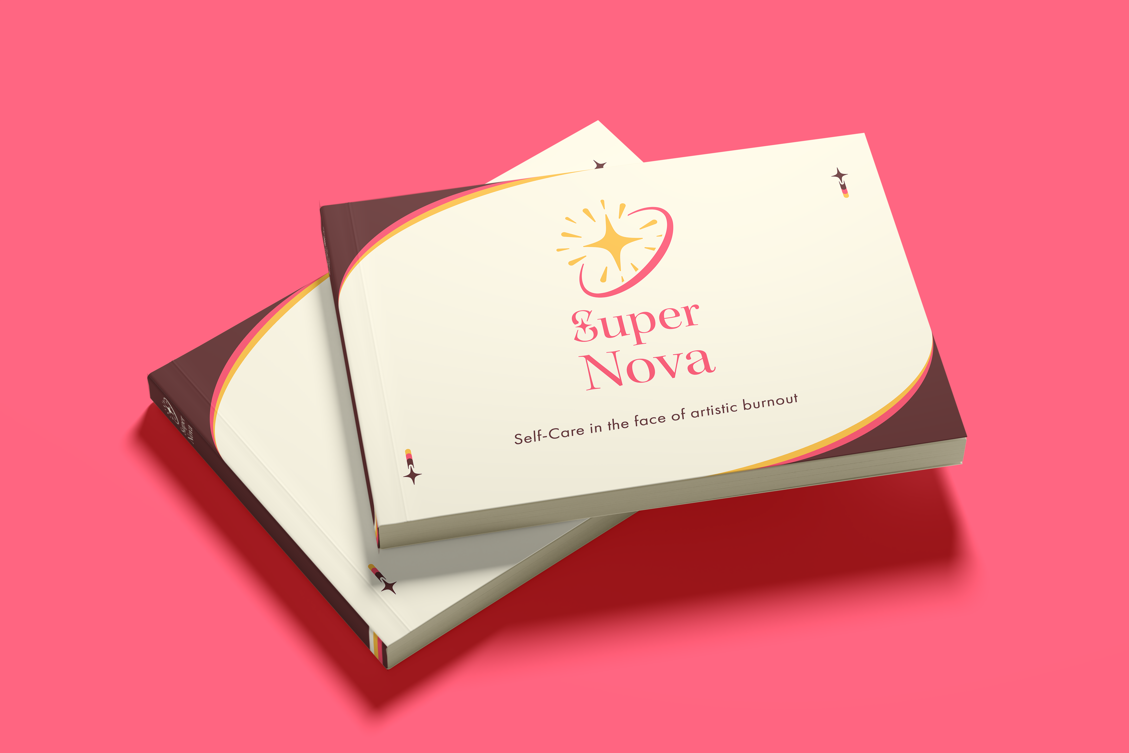 The cover of a book for the brand SuperNova. Underneath the logo, it says Self-Care in the face of artistic burnout.