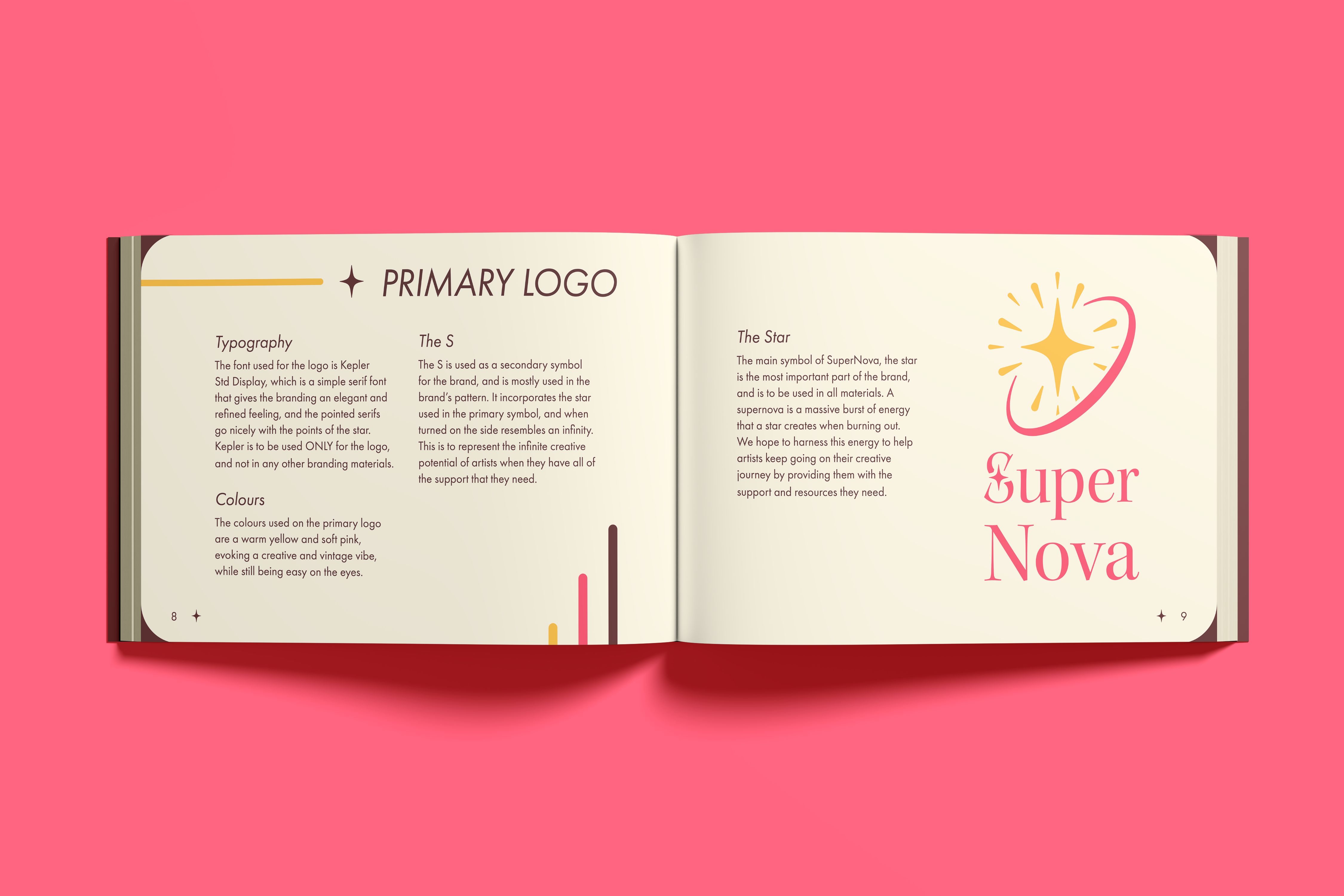 An inside spread of a book, the pages detailing the primary logo for SuperNova.