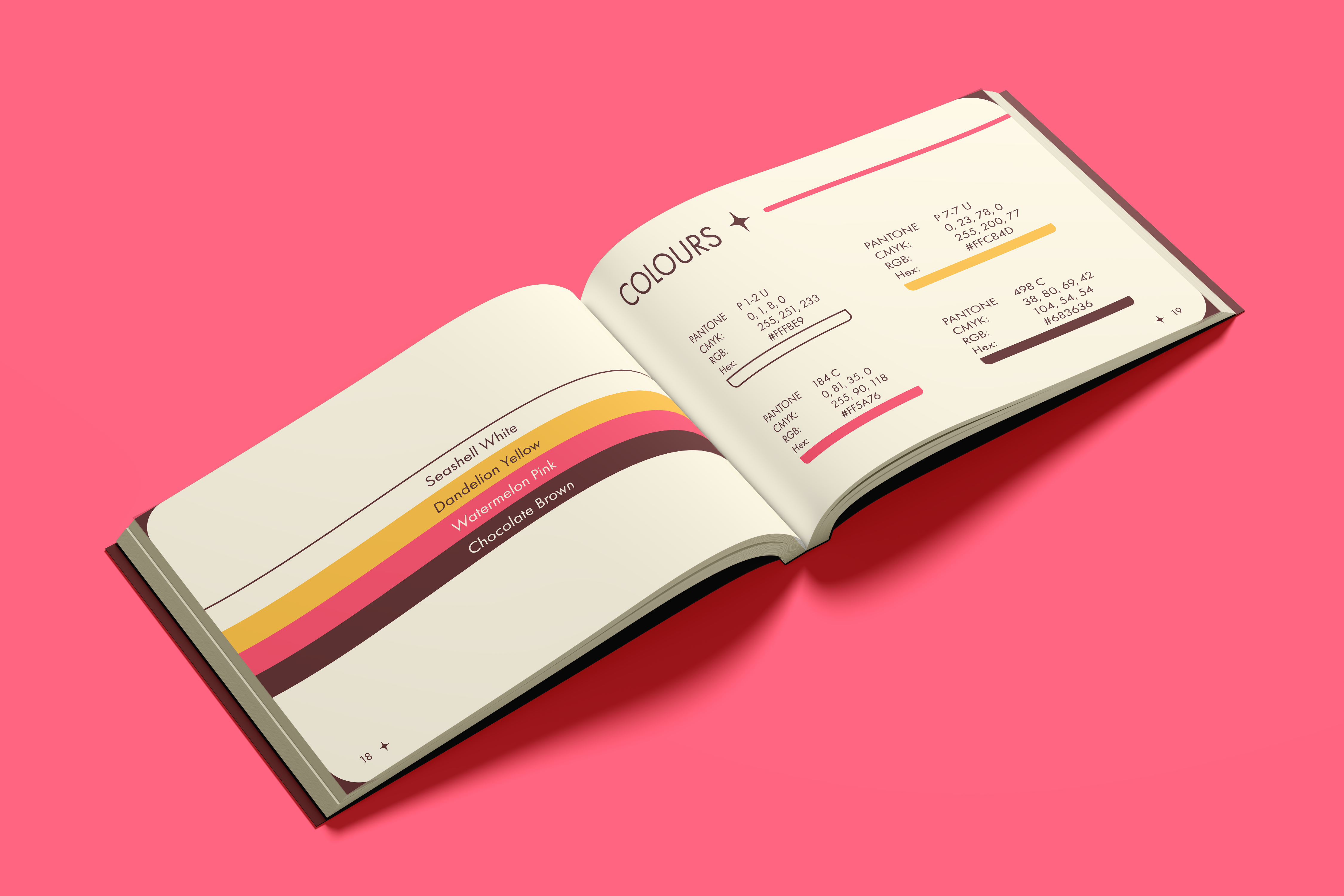 An inside spread of a book, the pages detailing the colours used for the SuperNova brand. The colours are white, yellow, pink, and brown.